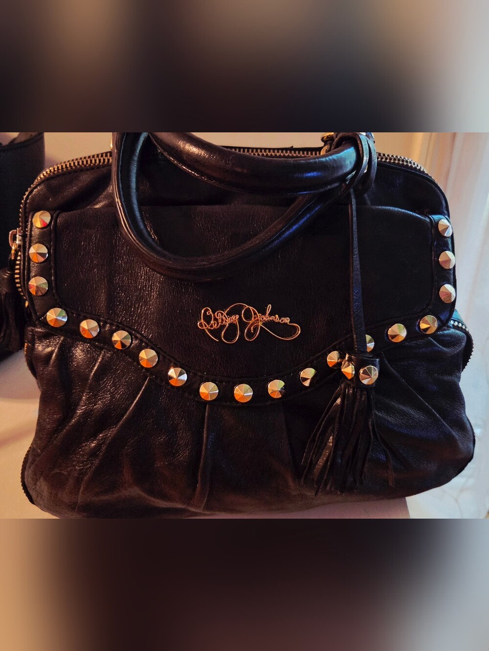 Vintage Betsey Johnson Heavy Metal Studded Leather Satchel Bag Black Y2K